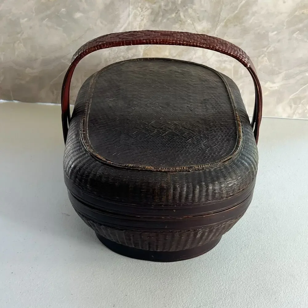 Oriental Chinese Food Bridal Lidded Wicker Bamboo Basket With Handle